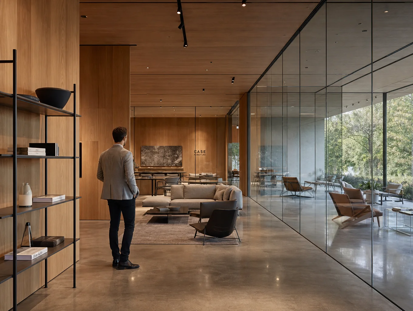 Contemporary Scandinavian smart furniture showroom with minimalist oak, bouclé textures, and integrated sensor lighting