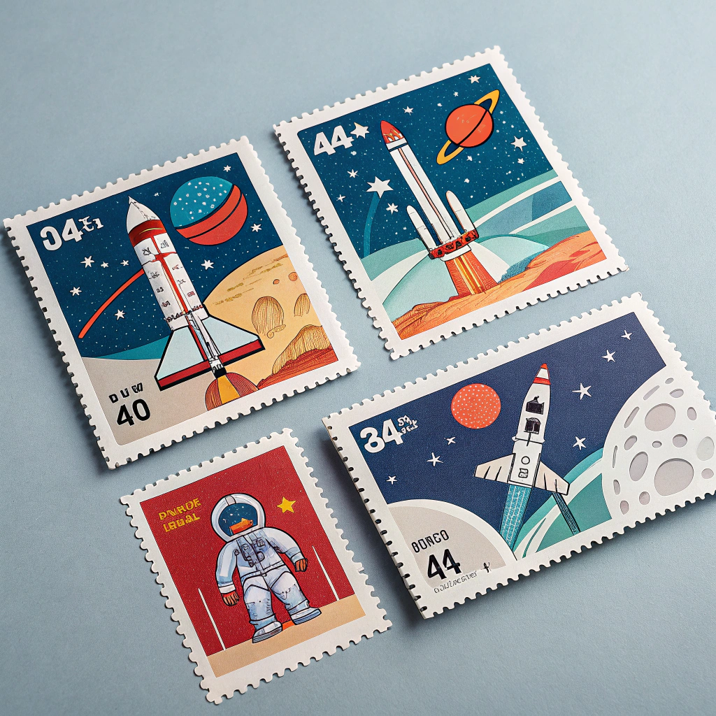 Playful transport stamps showing rockets, trains, and race cars