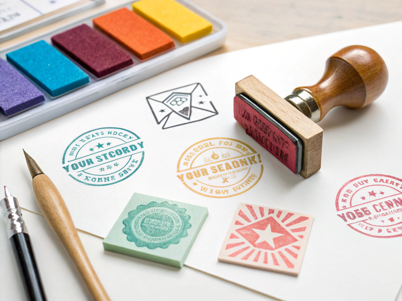Stamped impressions on gift wrap and notebook with wooden stamp