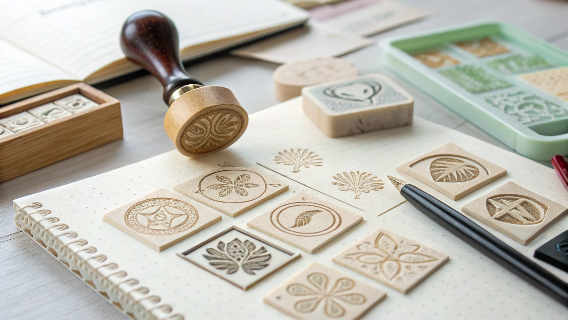 Custom cartoon stamps and colorful craft supplies on the studio table