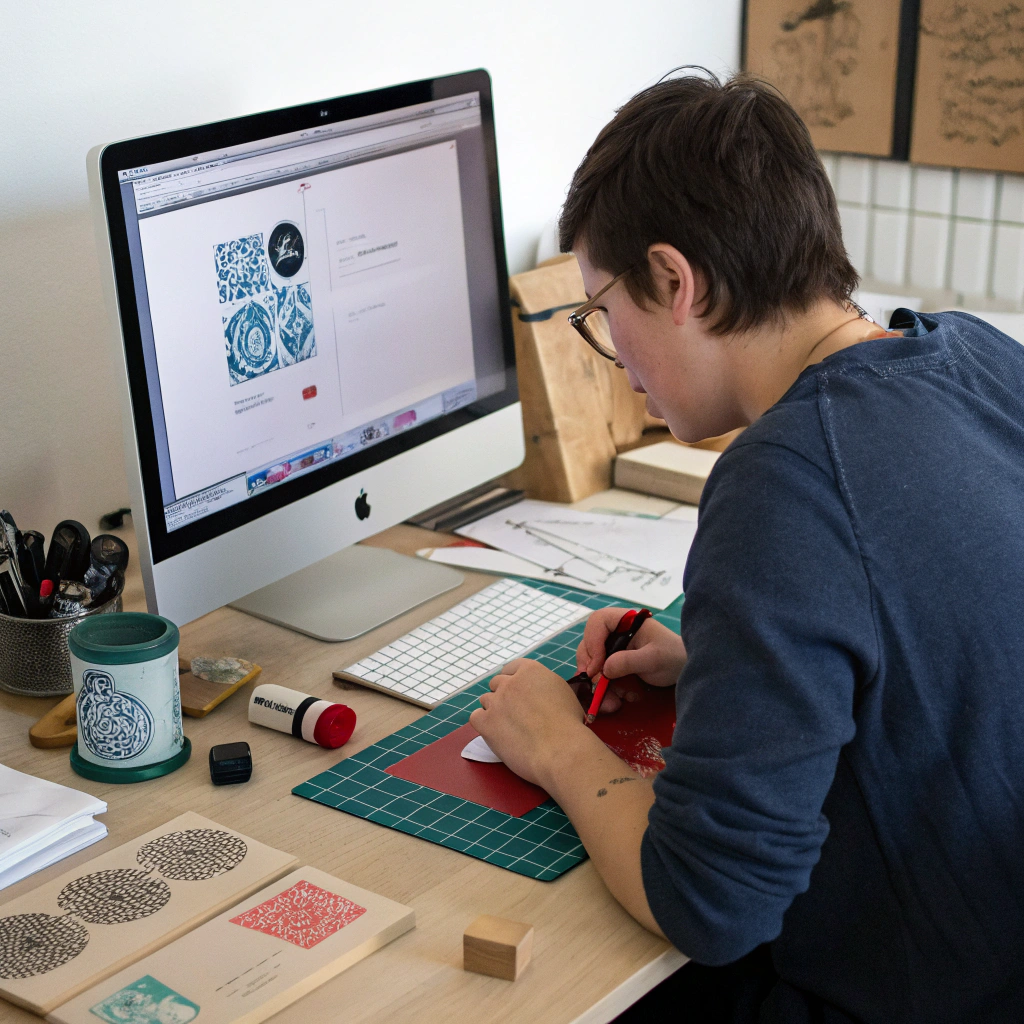 Chloe Chen testing stamps on colorful craft paper